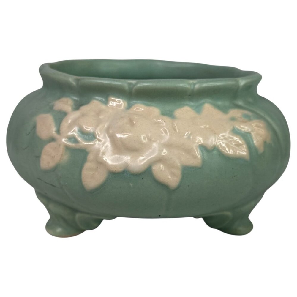 Vintage Weller Pottery Cameo Rose Green Bowl Planter Ceramic Footed White Floral